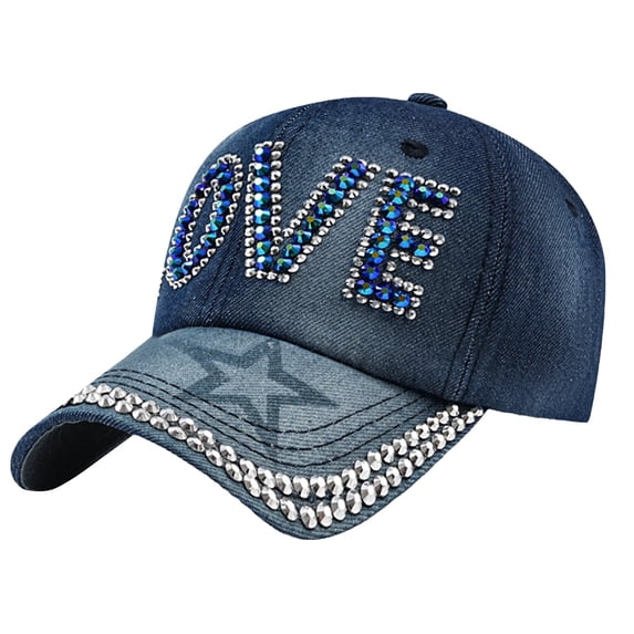 LIZUOJUN Denim Rhinestone Cap Acrylic Fabric Six Panel Unstructured Adjustable UV Protection Birthday Party Daily, Red, Daily sun shade hat