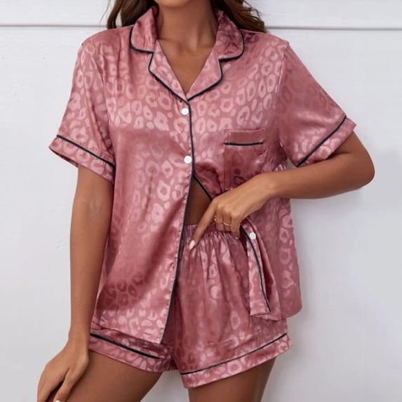 LIZUOJUN Fashion Stylish Satin Pajamas for Women Fashion Print Short Sleeve Shorts Button Down Silk Feel Sleepwear Loungewear 2 Piece PJ Set Summer Spring Warm Weather - M