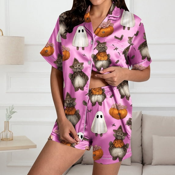 LIZUOJUN Halloween Pajamas for Women Satin Short Sleeve Shorts Pumpkin Ghost Print Button Down Silk Feel Sleepwear Loungewear 2 Piece PJ Set Holiday Party - 2XL