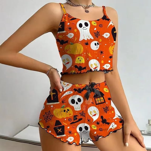 LIZUOJUN Halloween Pajamas For Women Set Pumpkin Print Camisole Top Shorts Set Spaghetti Strap Drawstring Waist Soft Breathable Lightweight Loungewear Home Pajamas - S