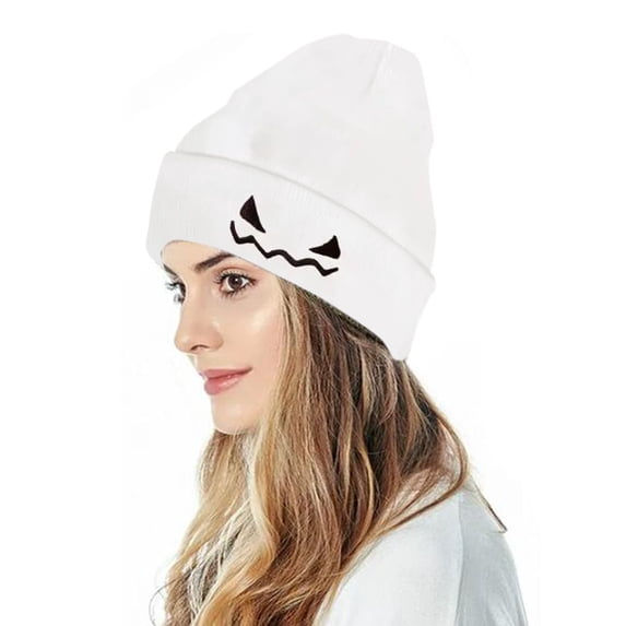 LIZUOJUN Knit Beanie Hat for Women and Men Halloween Pumpkin Devil Embroidered Cuffed Cap Soft Stretchy Warm Winter Hat Unisex Daily Wear Hat, One Size