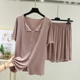 thumbnail image 1 of LIZUOJUN Lightweight Breathable Pajamas for Women V Neck Ruffle Trim Short Sleeve Shorts Soft Knit Sleepwear Loungewear 2 Piece Set Summer Spring Warm Weather - L, 1 of 3