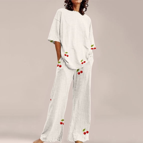 LIZUOJUN Linen Pajamas for Women Short Sleeve Long Pants Daisy Print Loose Fit Breathable Sleepwear Loungewear 2 Piece Set Summer Spring Warm Weather - L