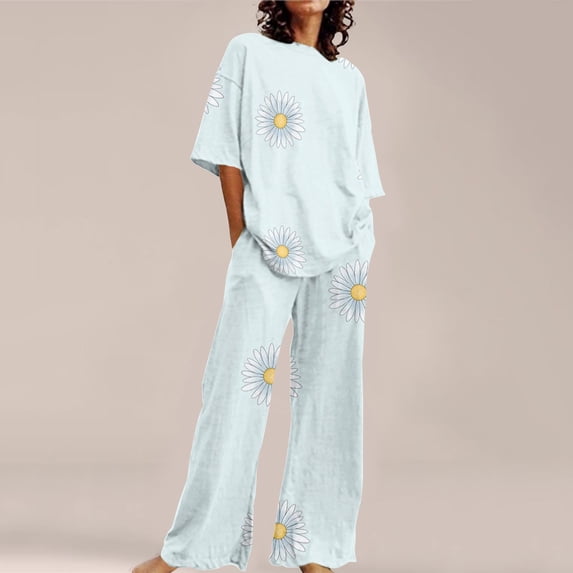 LIZUOJUN Linen Pajamas for Women Short Sleeve Long Pants Daisy Print Loose Fit Breathable Sleepwear Loungewear 2 Piece Set Summer Spring Warm Weather - S