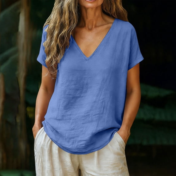 LIZUOJUN Linen Shirts For Women V-Neck Short Sleeve Blouse Breathable Lightweight Casual Loose Fit Solid Crinkled Gauze Top Summer Beach Bohemian,Blue,L