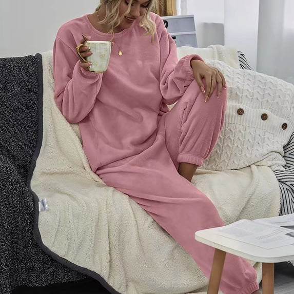 LIZUOJUN Pajama Sets for Women 2 Piece Fleece Long Sleeve Pants Sleepwear Lounge Set Soft Cozy Warm Pjs Loungewear Round Neck Pajama Warm Cozy Sleepwear - M