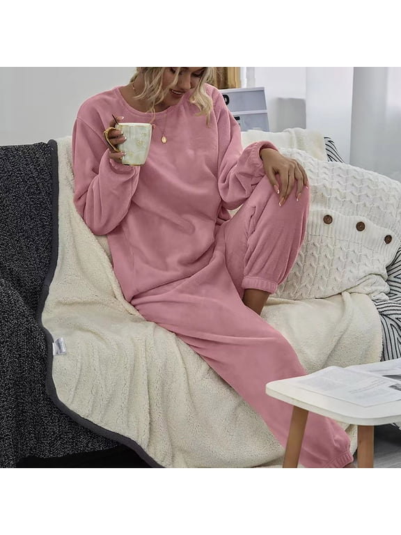 Pajama Sets for Women 2 Piece Fleece Long Sleeve Pants Sleepwear Lounge Set Soft Cozy Warm Pjs Loungewear Round Neck Pajama Warm Cozy Sleepwear - M