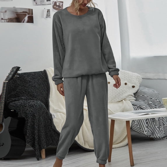 LIZUOJUN Pajama Sets for Women 2 Piece Fleece Long Sleeve Pants Sleepwear Lounge Set Soft Cozy Warm Pjs Loungewear Round Neck Pajama Warm Cozy Sleepwear - M