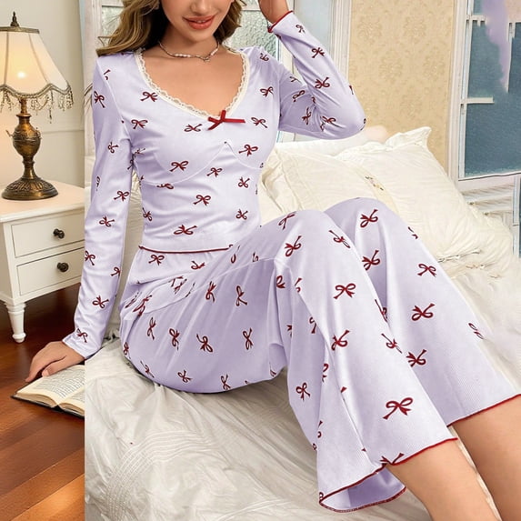 LIZUOJUN Pajama Sets for Women 2 Piece Long Sleeve Pants Sleepwear Lounge Set Soft Comfortable Breathable Pjs Loungewear V Neck Bowknot Pajama Casual Sleepwear - XL