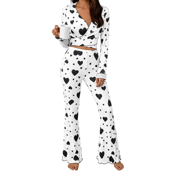 LIZUOJUN Pajama Sets for Women Long Sleeve Pants Sleepwear 2 Piece Lounge Set Soft Comfortable Breathable Pjs Loungewear V Neck Floral Print Heart Print Pajama Casual Sleepwear - L