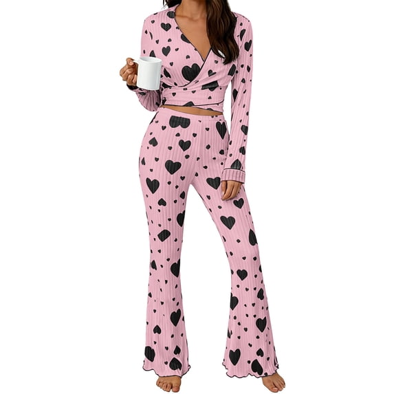 LIZUOJUN Pajama Sets for Women Long Sleeve Pants Sleepwear 2 Piece Lounge Set Soft Comfortable Breathable Pjs Loungewear V Neck Floral Print Heart Print Pajama Casual Sleepwear - M