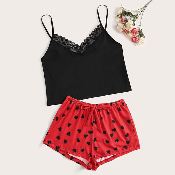 LIZUOJUN Pajamas For Women Set Lace Camisole Tops 2 Piece Sleepwear Summer Shorts Soft Breathable Lightweight Comfortable Loungewear Home Pajamas - L