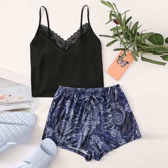 LIZUOJUN Pajamas For Women Set Lace Camisole Tops 2 Piece Sleepwear Summer Shorts Soft Breathable Lightweight Comfortable Loungewear Home Pajamas - L