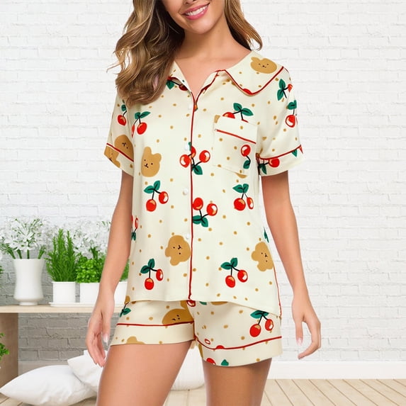LIZUOJUN Pajamas for Women Cow Print Cute Fashion Stylish Satin Short Sleeve Shorts Button Down Silk Sleepwear Loungewear 2 Piece PJ Set Summer Spring Warm Weather - M