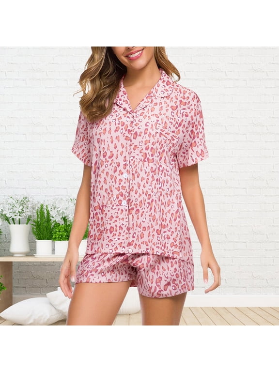 Pajamas for Women Cow Print Cute Fashion Stylish Satin Short Sleeve Shorts Button Down Silk Sleepwear Loungewear 2 Piece PJ Set Summer Spring Warm Weather - L