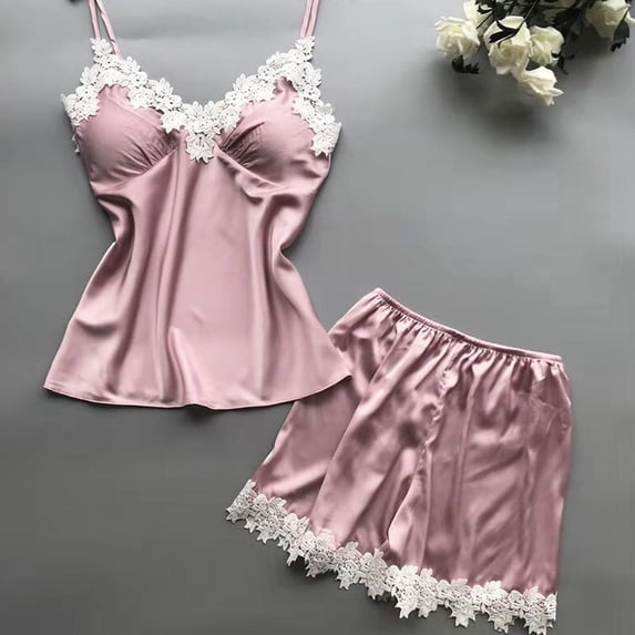 LIZUOJUN Pajamas For Women Set Lace Satin Camisole Tops 2 Piece Sleepwear Summer Shorts Soft Smooth Lightweight Breathable Comfortable Loungewear Home Pajamas - M