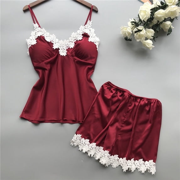 LIZUOJUN Pajamas For Women Set Lace Satin Camisole Tops 2 Piece Sleepwear Summer Shorts Soft Smooth Lightweight Breathable Comfortable Loungewear Home Pajamas - M