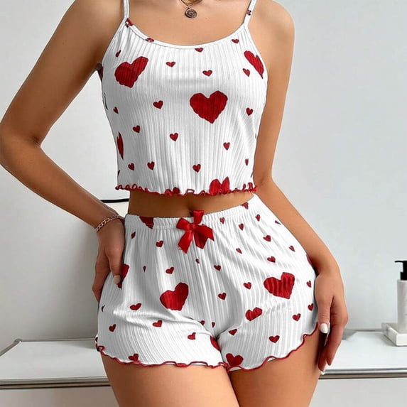 LIZUOJUN Pajamas for Women Set Pajama Sets Camisole Tops Soft Stretchy Breathable Ribbed Heart Print Short Loungewear Sleepwear Set Top & Pants Loungewear Suit - M