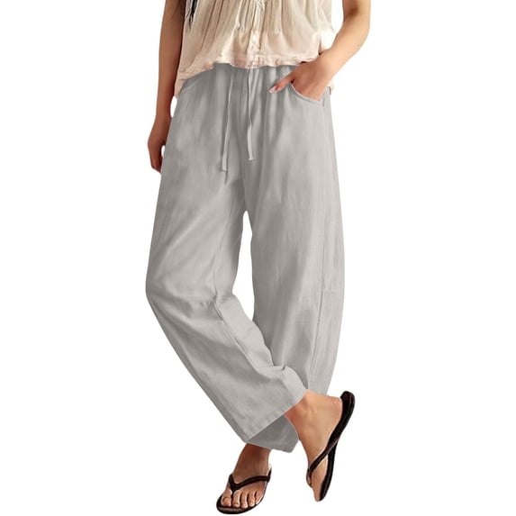 LIZUOJUN Petite Linen Pants For Women Elastic Drawstring With Pockets Casual Loose High Waisted Summer Daily Breathable Lightweight Soft Spring Fall Travel Beach Vacation,Gray M