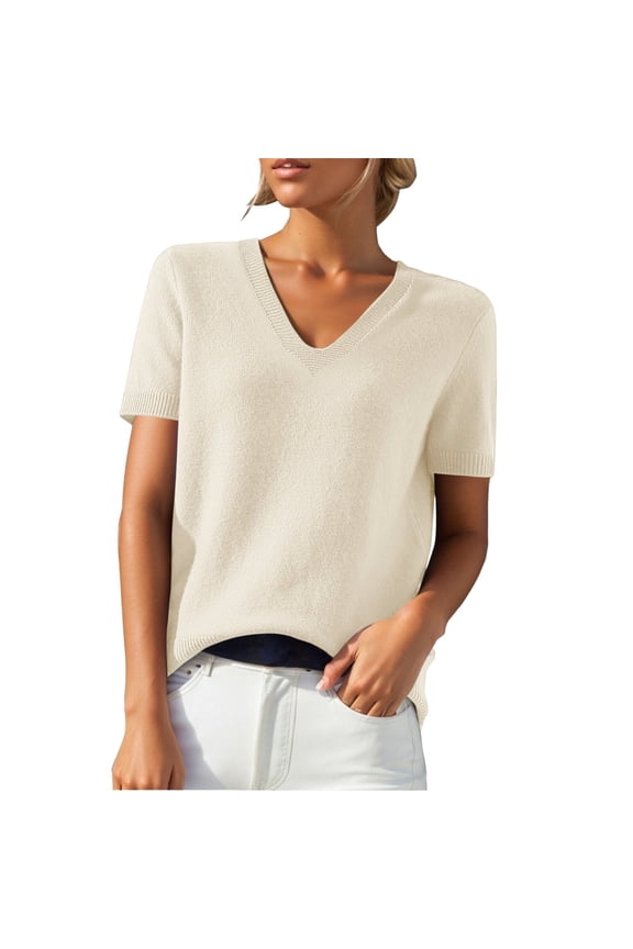 Short Sleeve Sweater for Women V-Neck Short Sleeve Knit T-Shirt Casual Pullover Short Sweater for Commute 2026 Spring Summer Beige M