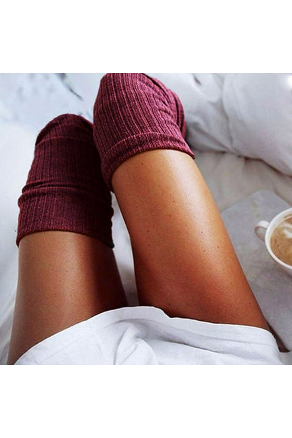 Socks Girls Ladies Women Thigh High Over the Knee Socks Long Cotton Stockings Warm Fuzzy Crew Socks Wine Red One Size