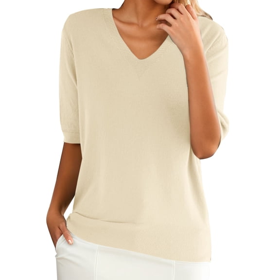 LIZUOJUN Women's Solid Color Top V-Neck Elbow Sleeve Knit Cotton Blend Casual Solid Loose Fit T-Shirt for Layering Beige S
