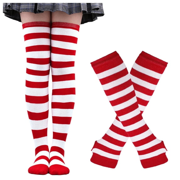 LIZUOJUN Thigh High Socks for Women Halloween Striped Knee High Stockings with Gloves Set Soft Stretchy Cosplay Costume Party Socks and Arm Warmers, One Size