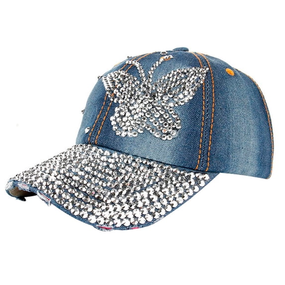 LIZUOJUN Trucker Hat Women Rhinestone Denim Six Panel Soft Cotton Breathable Eyelets Vintage Style UV Protection Shopping Outing, Blue, Daily sun shade hat