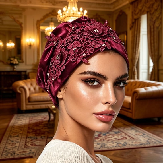 LIZUOJUN Under $3 Head Covering Wrap Elegant Lace Front Ruffle Elastic Head Covering Wrap For Sleeping Multiple Colors, Red,One Size