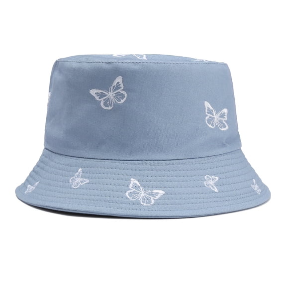 LIZUOJUN Under $6 Hot Summer Bucket Hat Ladies Pattern Cotton Double-Sided Butterfly Embroidery Reversible Wide Brim UV Protection, Sun Hat, Blue
