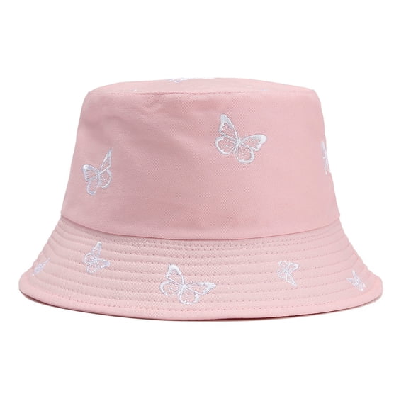 LIZUOJUN Under $6 Hot Summer Bucket Hat Ladies Pattern Cotton Double-Sided Butterfly Embroidery Reversible Wide Brim UV Protection, Sun Hat, Pink