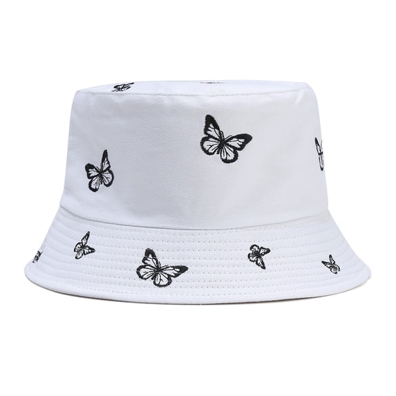LIZUOJUN Under $6 Hot Summer Bucket Hat Ladies Pattern Cotton Double-Sided Butterfly Embroidery Reversible Wide Brim UV Protection, Sun Hat, White