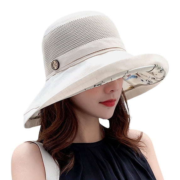 LIZUOJUN Under $6 Summer Mesh Sun Hats For Women Wide Brim Uv Protection Spring And Summer Mesh Face Pattern Clasp Bucket Hat Outdoor, Beige,One Size