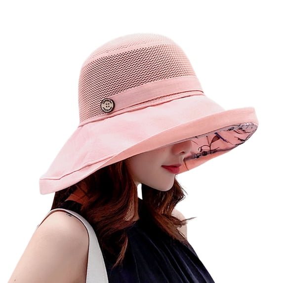 LIZUOJUN Under $6 Summer Mesh Sun Hats For Women Wide Brim Uv Protection Spring And Summer Mesh Face Pattern Clasp Bucket Hat Outdoor, Pink,One Size