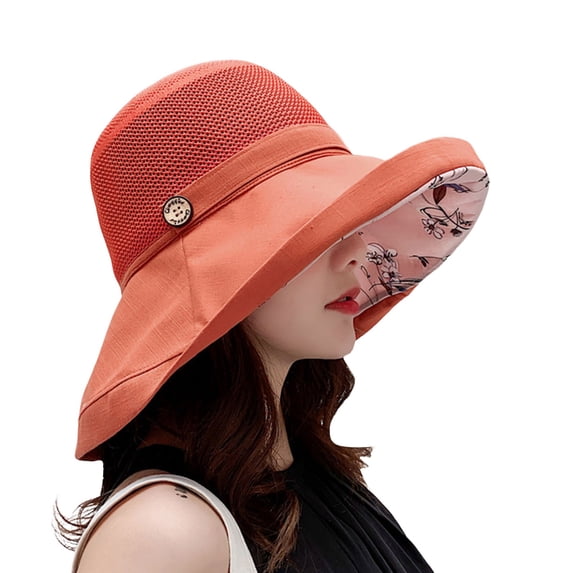 LIZUOJUN Under $6 Summer Mesh Sun Hats For Women Wide Brim Uv Protection Spring And Summer Mesh Face Pattern Clasp Bucket Hat Outdoor, Red,One Size