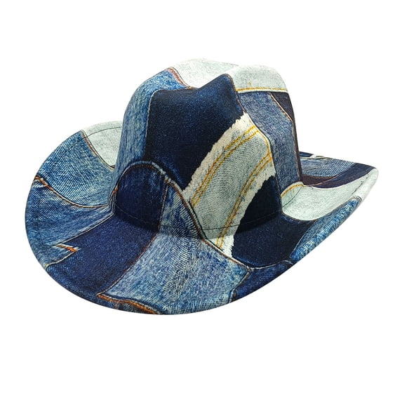 LIZUOJUN Unisex Denim Patchwork Western Cowboy Hat Retro Distressed Wool Blend Jazz Hat Warm Winter Cowboy Hat for Couples, Stage & Party Light Blue M