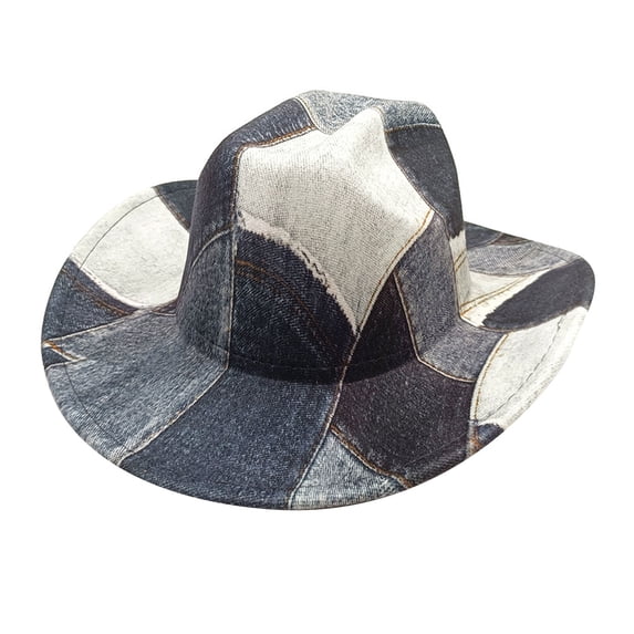 LIZUOJUN Unisex Denim Patchwork Western Cowboy Hat Retro Distressed Wool Blend Jazz Hat Warm Winter Cowboy Hat for Couples, Stage & Party Black M