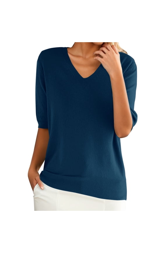 Women's Solid Color Top V-Neck Elbow Sleeve Knit Cotton Blend Casual Solid Loose Fit T-Shirt for Layering Dark blue XL