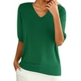 thumbnail image 1 of LIZUOJUN Women's Solid Color Top V-Neck Elbow Sleeve Knit Cotton Blend Casual Solid Loose Fit T-Shirt for Layering Green S, 1 of 9
