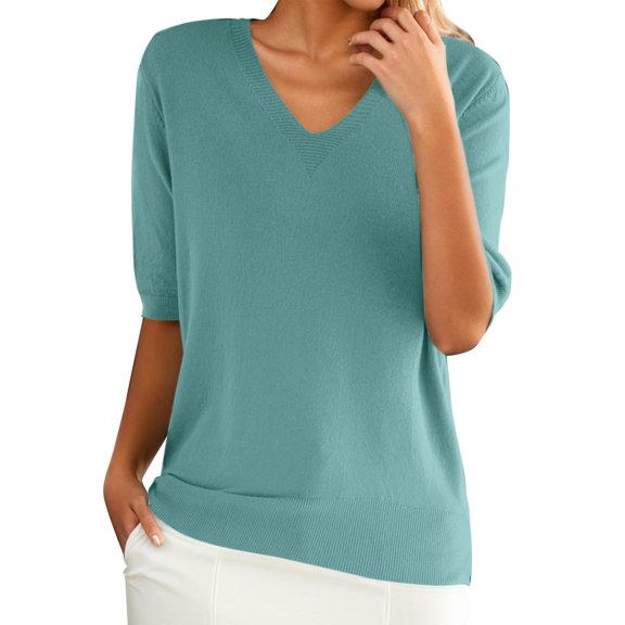 LIZUOJUN Women's Solid Color Top V-Neck Elbow Sleeve Knit Cotton Blend Casual Solid Loose Fit T-Shirt for Layering Mint Green XL