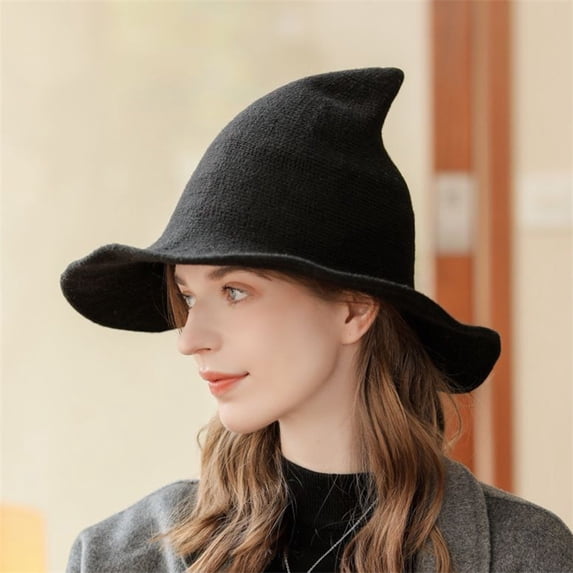 LIZUOJUN Witch Hat for Women Halloween Wide Brim Knit Pointed Hat Funny Wizard Costume Hat Stretchy Warm Soft Autumn Winter Dress Up Hat, One Size