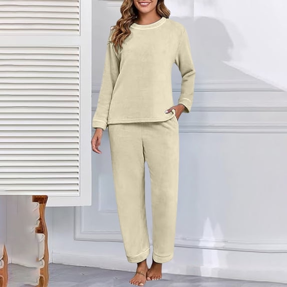 LIZUOJUN Women Pajama Sets Fleece Long Sleeve Pants Sleepwear 2 Piece Lounge Set Soft Cozy Warm Pjs Loungewear Round Neck Pajama Warm Cozy Sleepwear - L