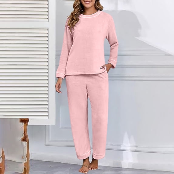 LIZUOJUN Women Pajama Sets Fleece Long Sleeve Pants Sleepwear 2 Piece Lounge Set Soft Cozy Warm Pjs Loungewear Round Neck Pajama Warm Cozy Sleepwear - L