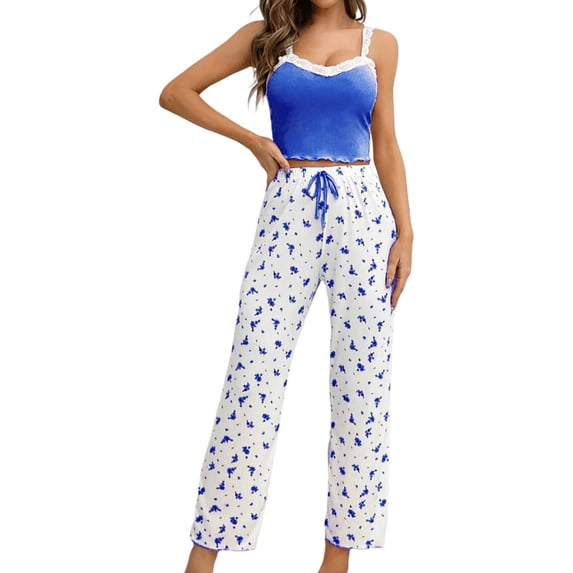 LIZUOJUN Women Pajama Sets Floral Print Lace Cami Pants Set Summer Lounge Wear Soft Breathable Lightweight Loungewear Home Pajamas - L
