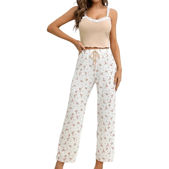 LIZUOJUN Women Pajama Sets Floral Print Lace Cami Pants Set Summer Lounge Wear Soft Breathable Lightweight Loungewear Home Pajamas - XL