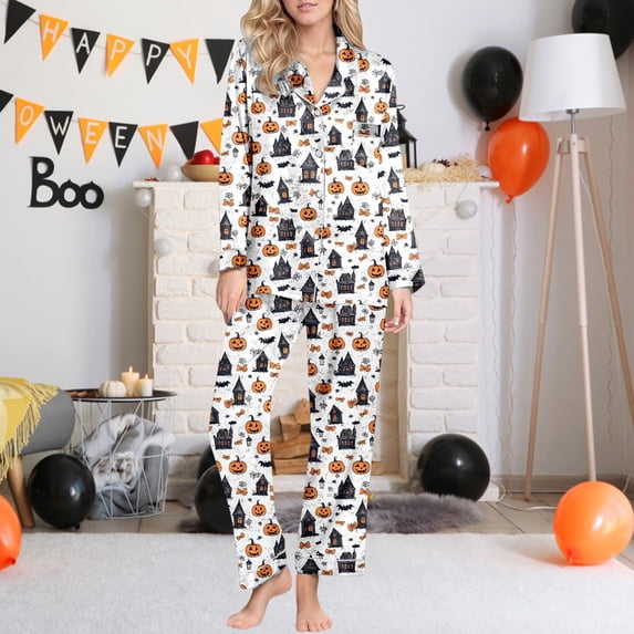 LIZUOJUN Women Pajama Sets Long Sleeve Pants Sleepwear 2 Piece Lounge Set Soft Comfortable Breathable Pjs Loungewear Notch Collar Halloween Print Pajama Holiday Sleepwear - 2XL