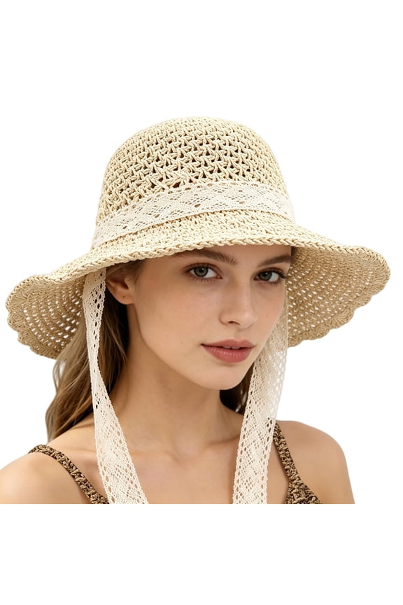 Women Summer Sun Hat Openwork Lace-up Bow Tie Back Lightweight Breathable Blended Fabric Summer Sun Protection Outdoor Travel Cap,Beige
