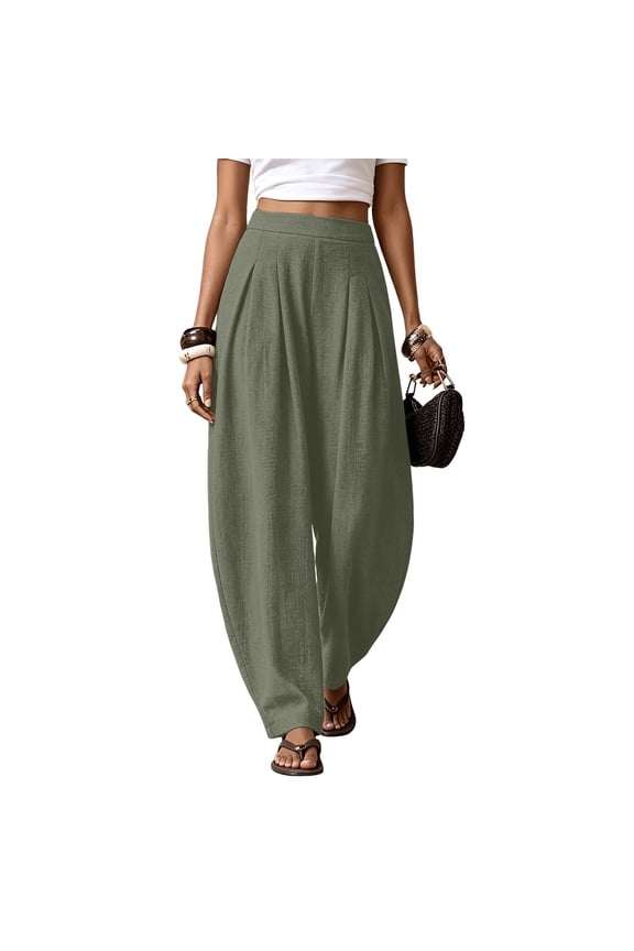 Women Washed Crinkled Wide Leg Pants Lantern High Waisted Elastic Drawstring Casual Loose Summer Daily Breathable Lightweight Soft Spring Fall Travel Beach Vacation,Green S