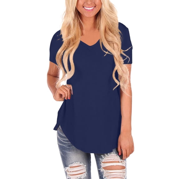 LIZUOJUN Women's Black V-Neck Knit Solid Color Plus Size Loose Short Sleeve T-Shirt Casual Loose Fit Basic Tees Cotton Navy S