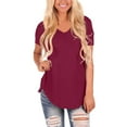 thumbnail image 1 of LIZUOJUN Women's Black V-Neck Knit Solid Color Plus Size Loose Short Sleeve T-Shirt Casual Loose Fit Basic Tees Cotton Wine Red 3XL, 1 of 6